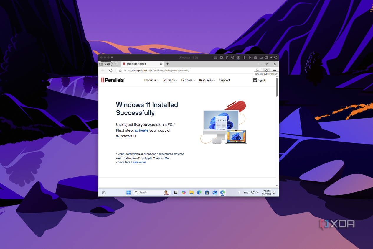 Screenshot of Parallels Desktop after installing Windows 11, showing a webpage confirming the OS was installed