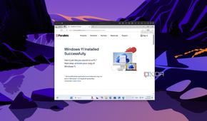Screenshot of Parallels Desktop after installing Windows 11, showing a webpage confirming the OS was installed