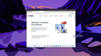 Screenshot of Parallels Desktop after installing Windows 11, showing a webpage confirming the OS was installed