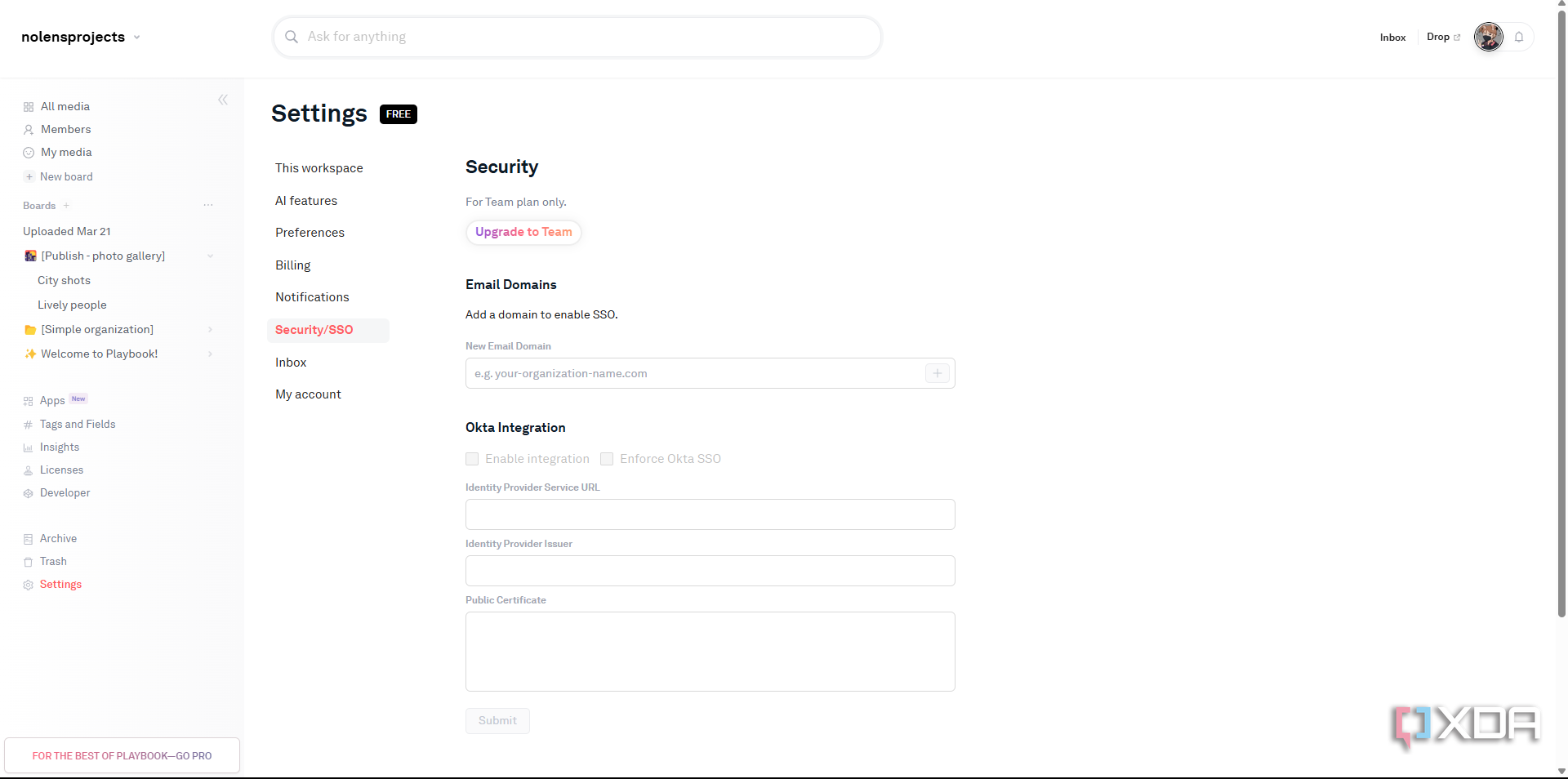 Playbook security settings