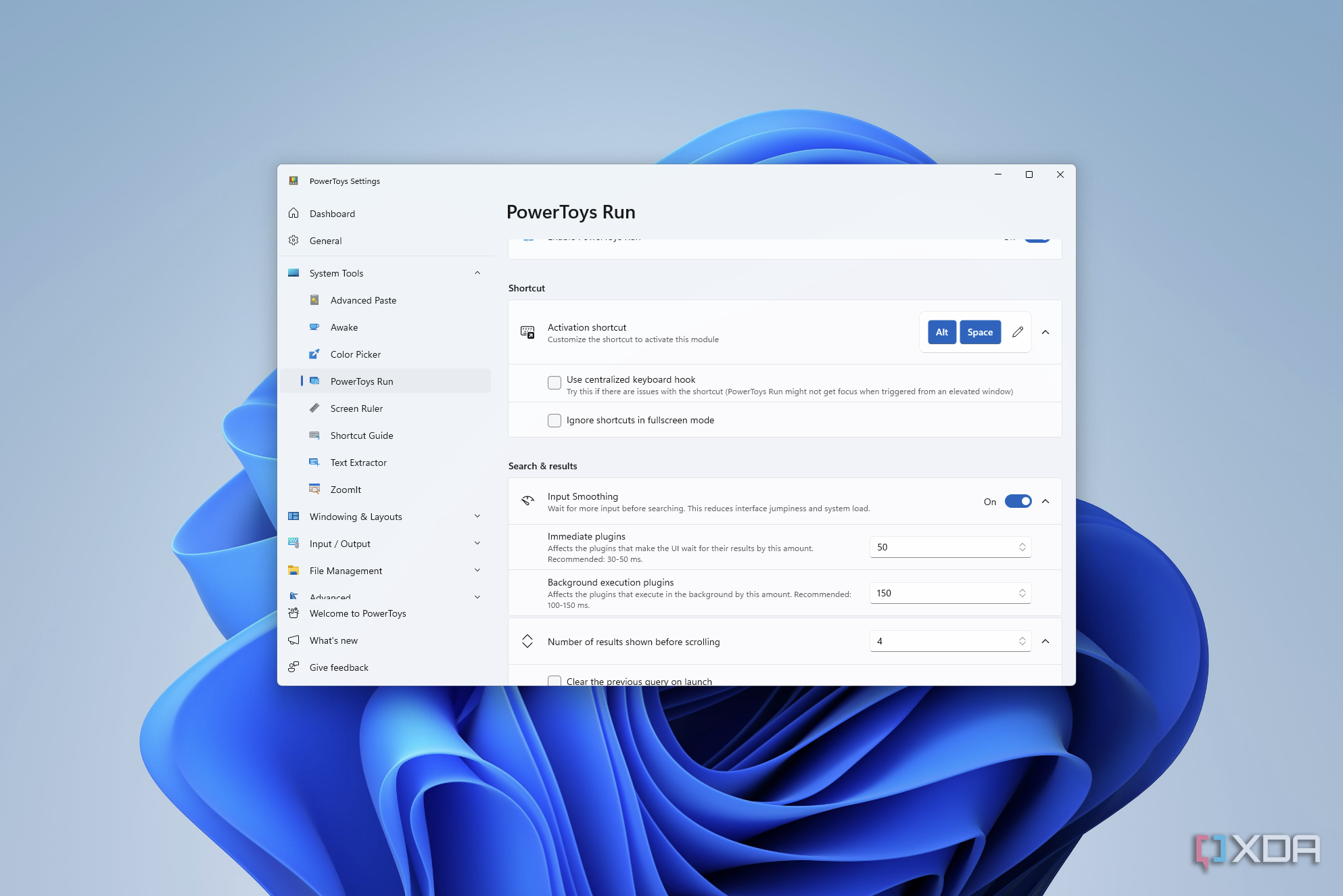 Screenshot of PowerToys Run settings showing keyboard activation and search result settings