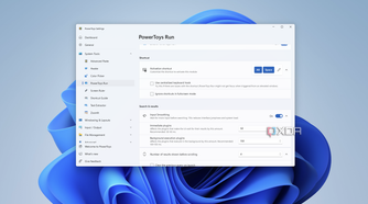 Screenshot of PowerToys Run settings showing keyboard activation and search result settings