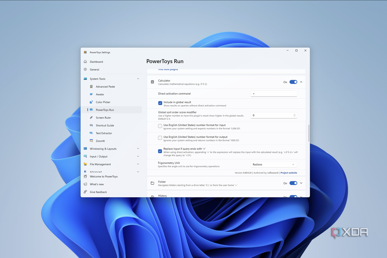 Screenshot of PowerToys Run settings showing settings for the Calculator plug-in