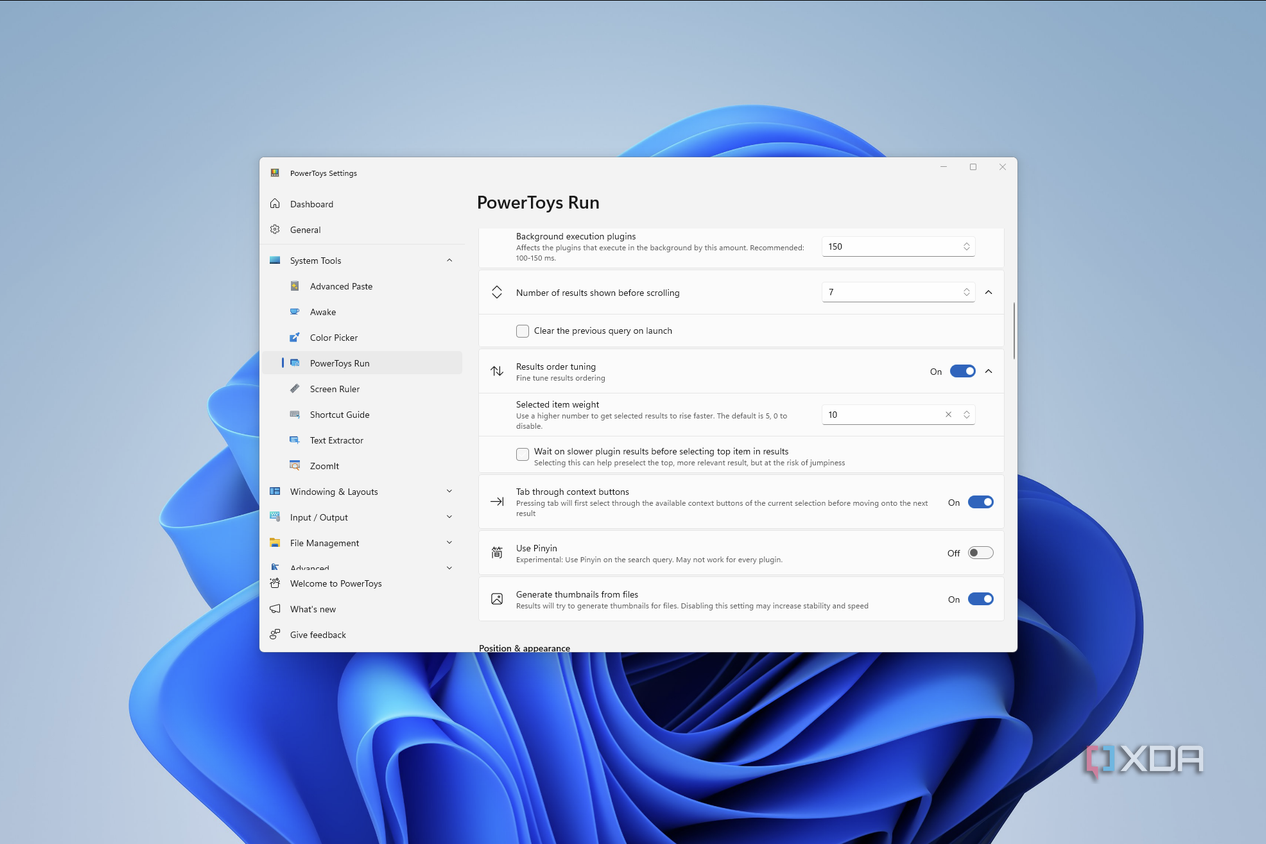 Screenshot of PowerToys Run settings showing settings for how search results are weighted and other options