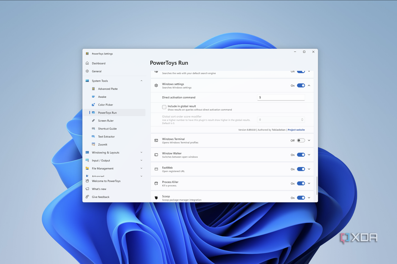 Screenshot of PowerToys Run settings showing settings for the Windows settings plug-in