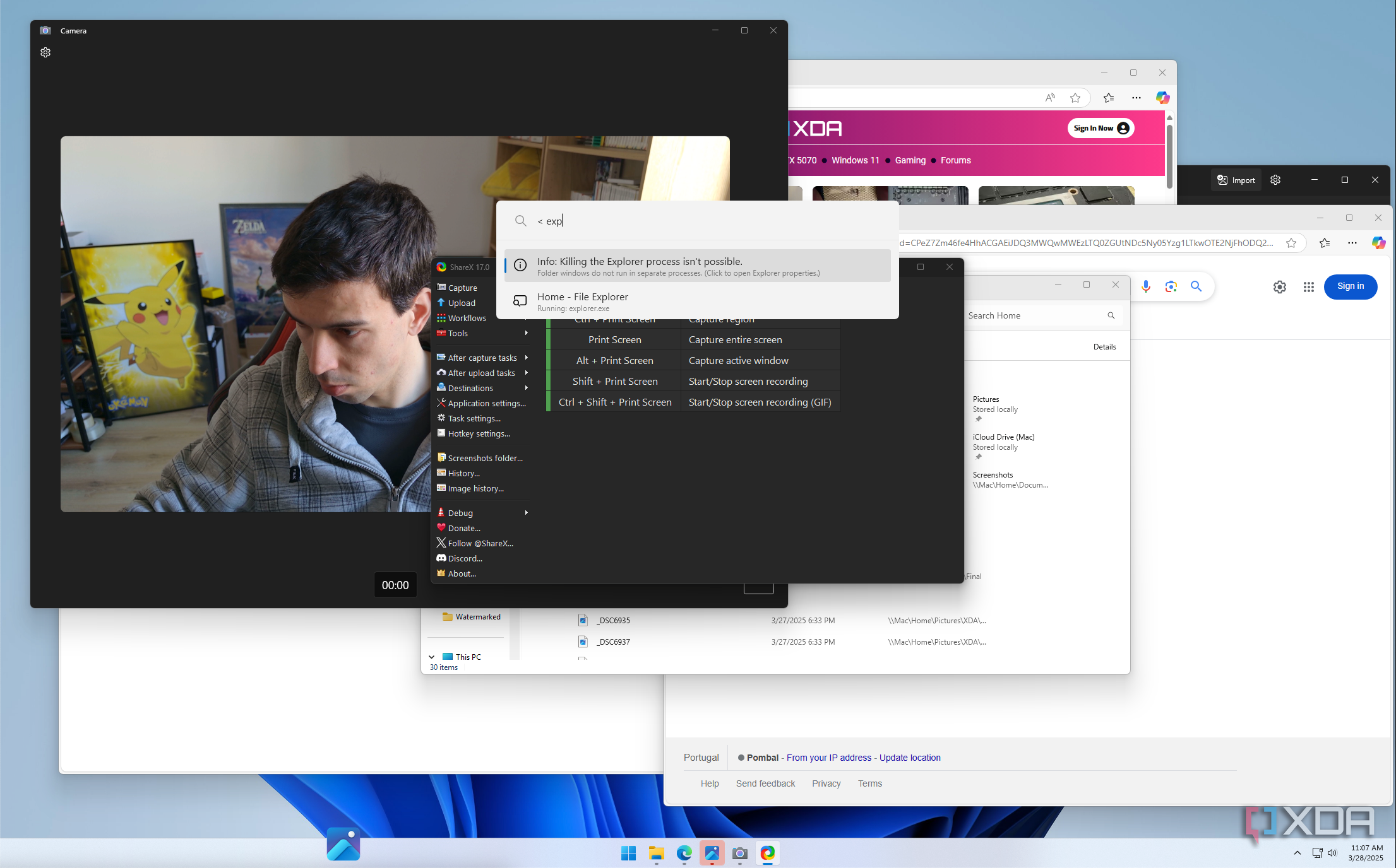 Screenshot of Windows 11 showing a PowerToys Run search bar with a list of open windows for Edge