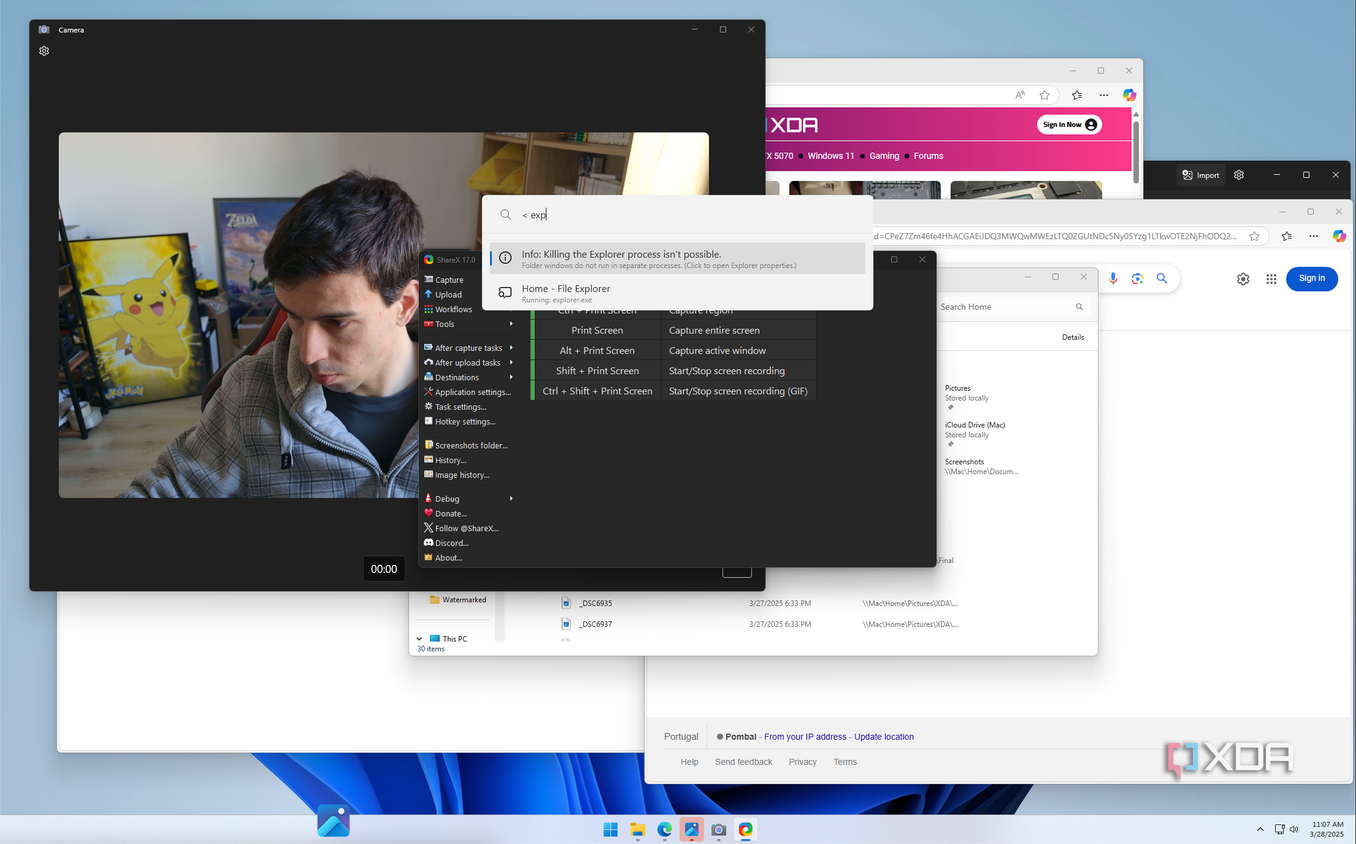 Screenshot of Windows 11 showing a PowerToys Run search bar with a list of open windows for Edge