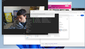 Screenshot of Windows 11 showing a PowerToys Run search bar with a list of open windows for Edge