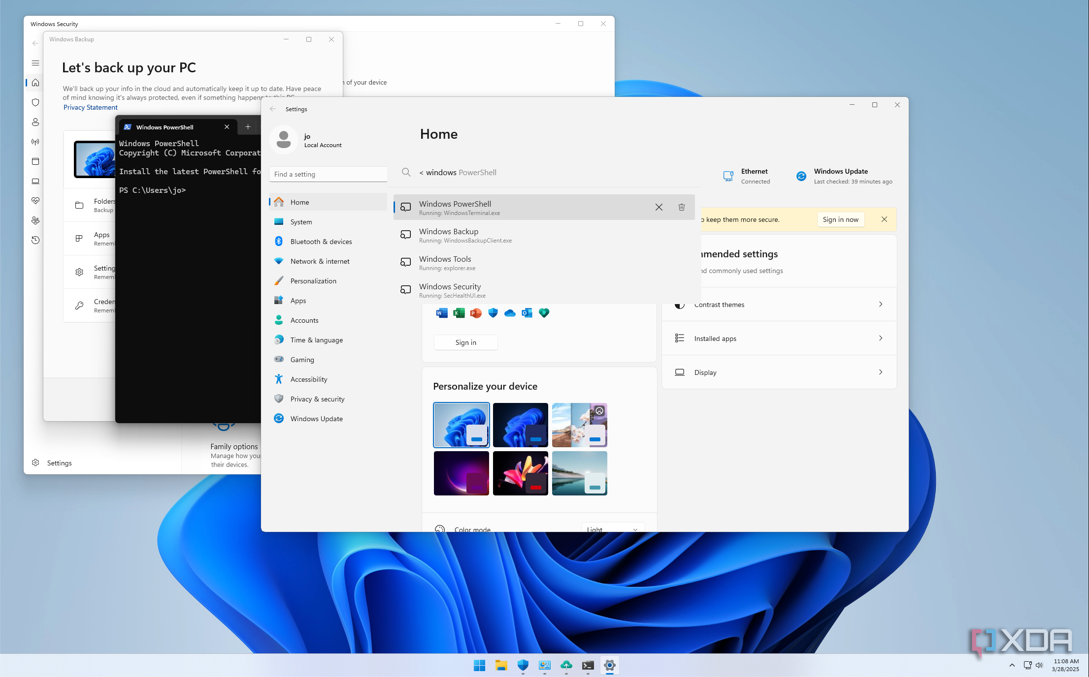 Screenshot of Windows 11 showing a PowerToys Run search bar with a list of open windows with Windows in the name
