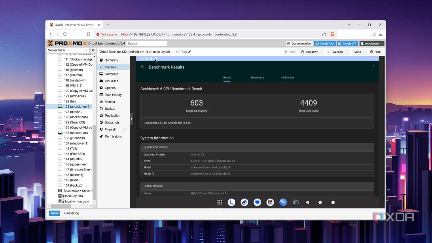 The Geekbench 6 benchmark scores of the Bliss OS VM