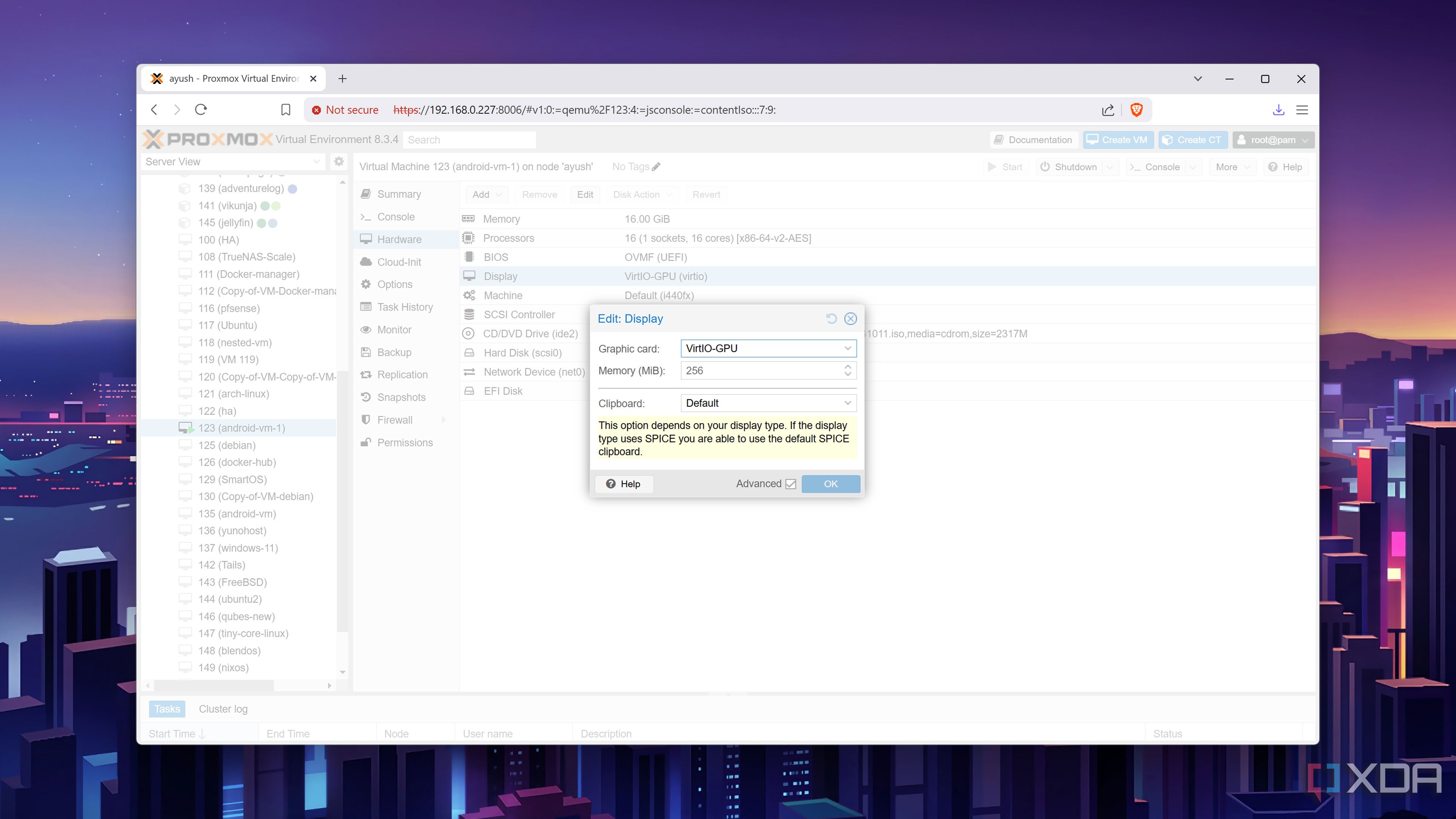 Editing the Display option inside the Bliss OS VM