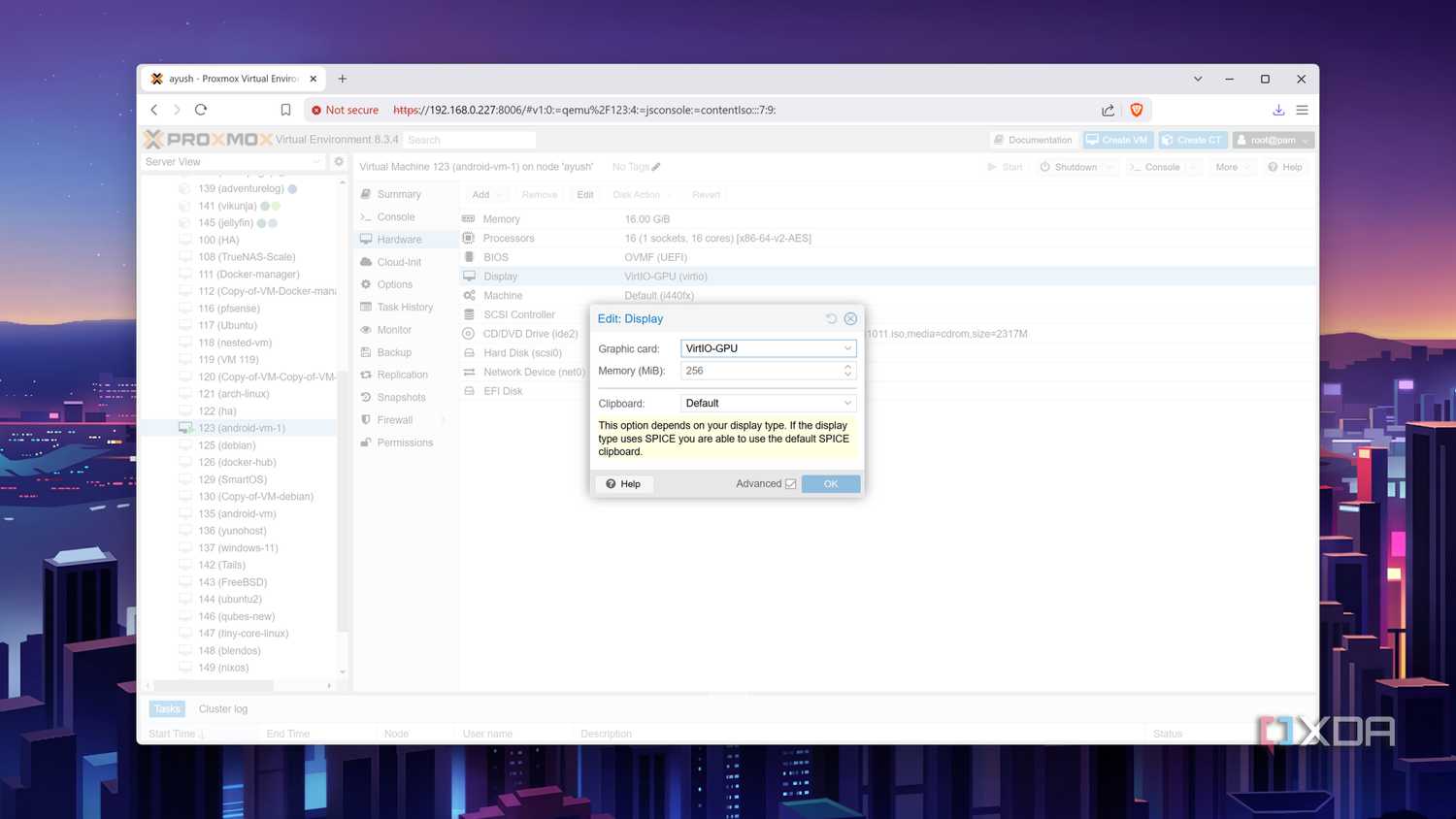 Editing the Display option inside the Bliss OS VM