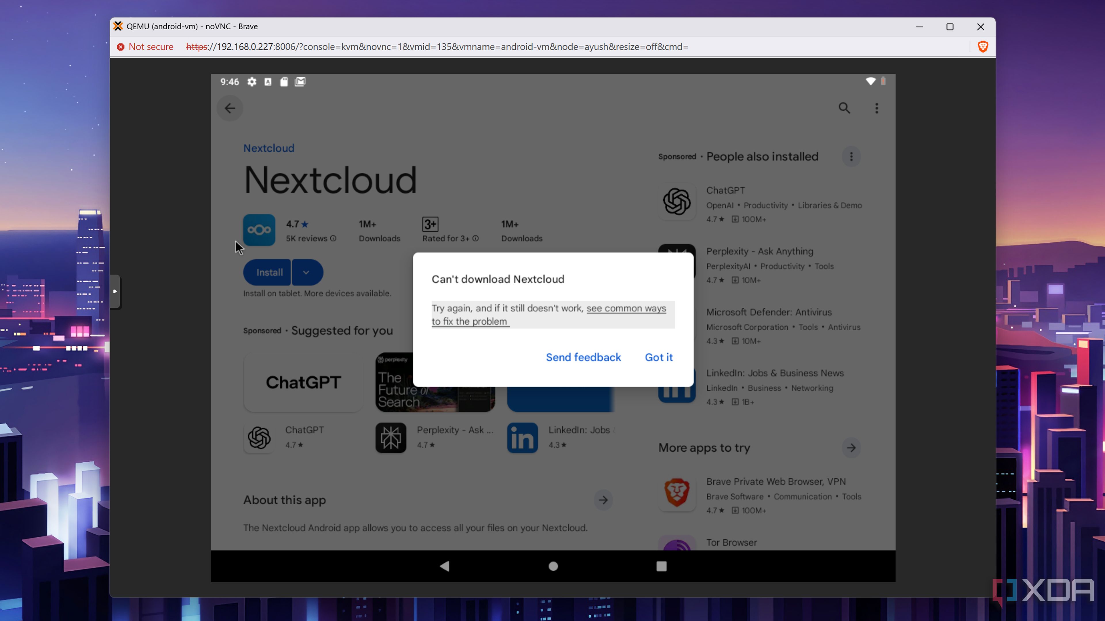The error message that pops up when installing Nextcloud on the Android-x86 VM