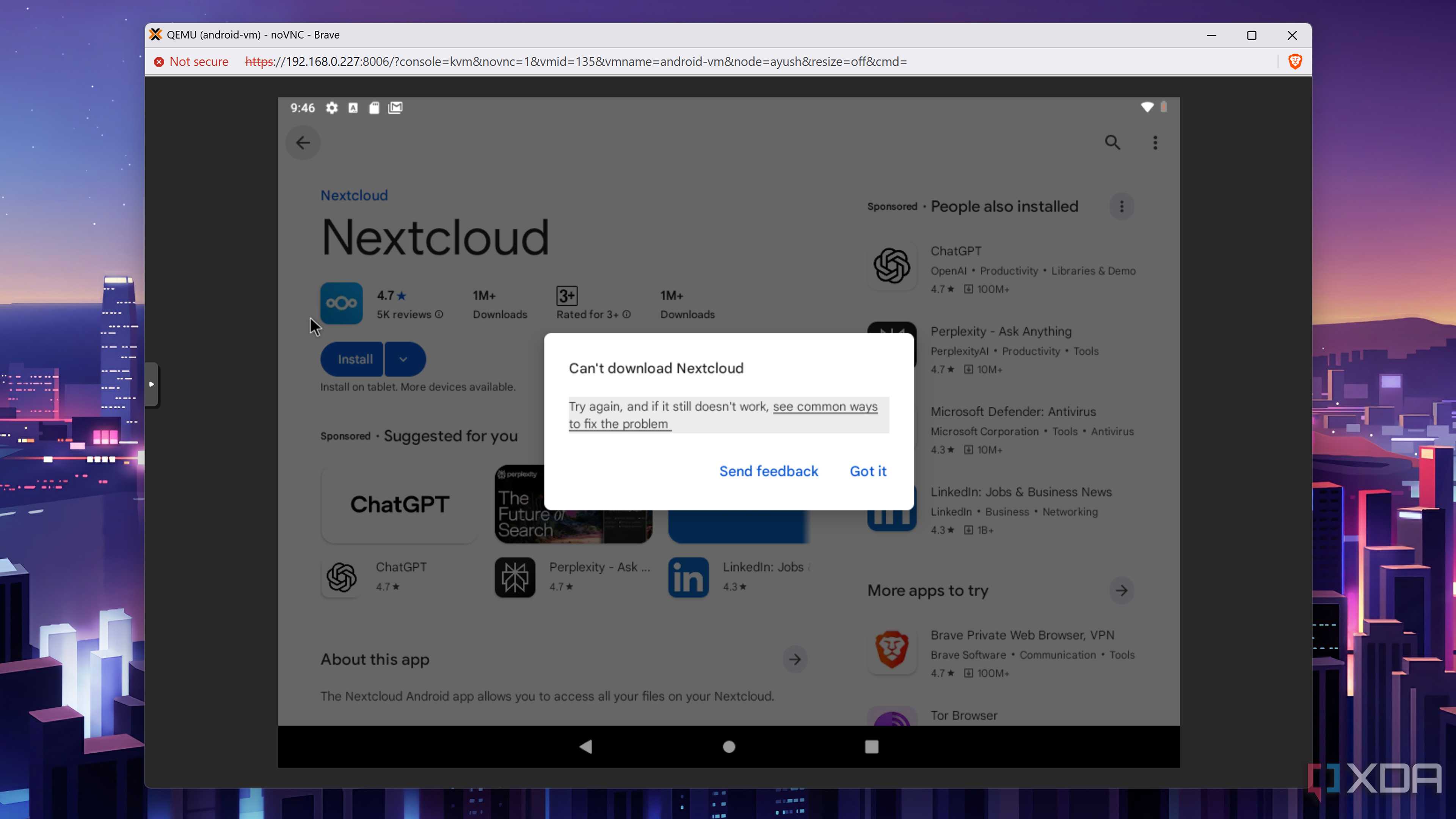 The error message that pops up when installing Nextcloud on the Android-x86 VM