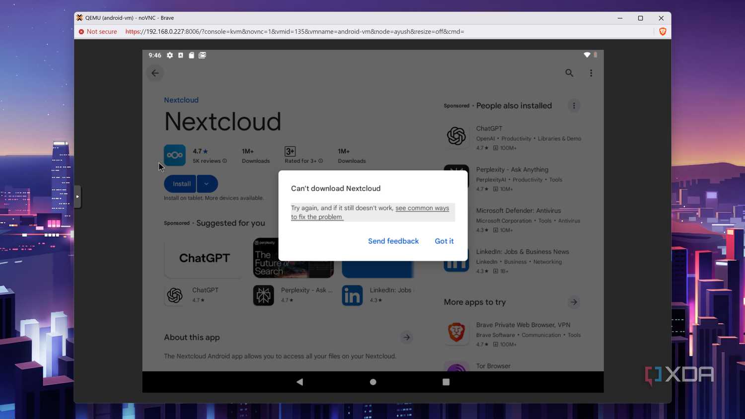 The error message that pops up when installing Nextcloud on the Android-x86 VM