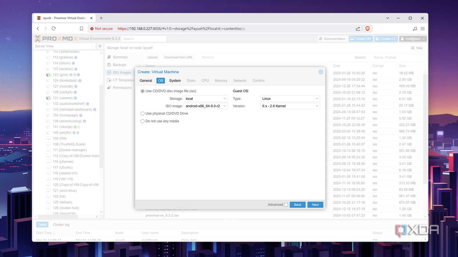 Assigning the Android-x86 ISO to a VM in Proxmox