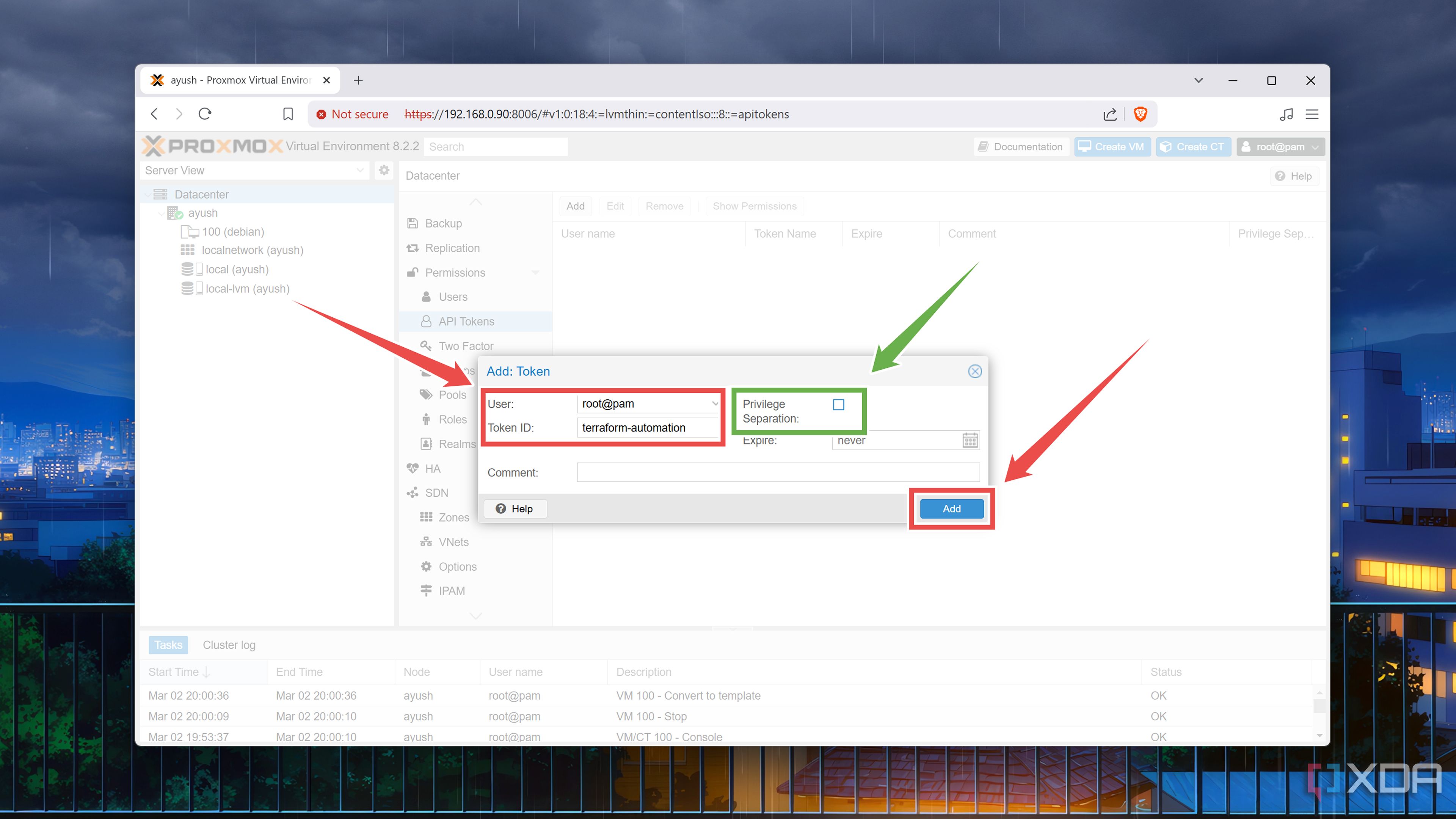 Creating the API token in Proxmox