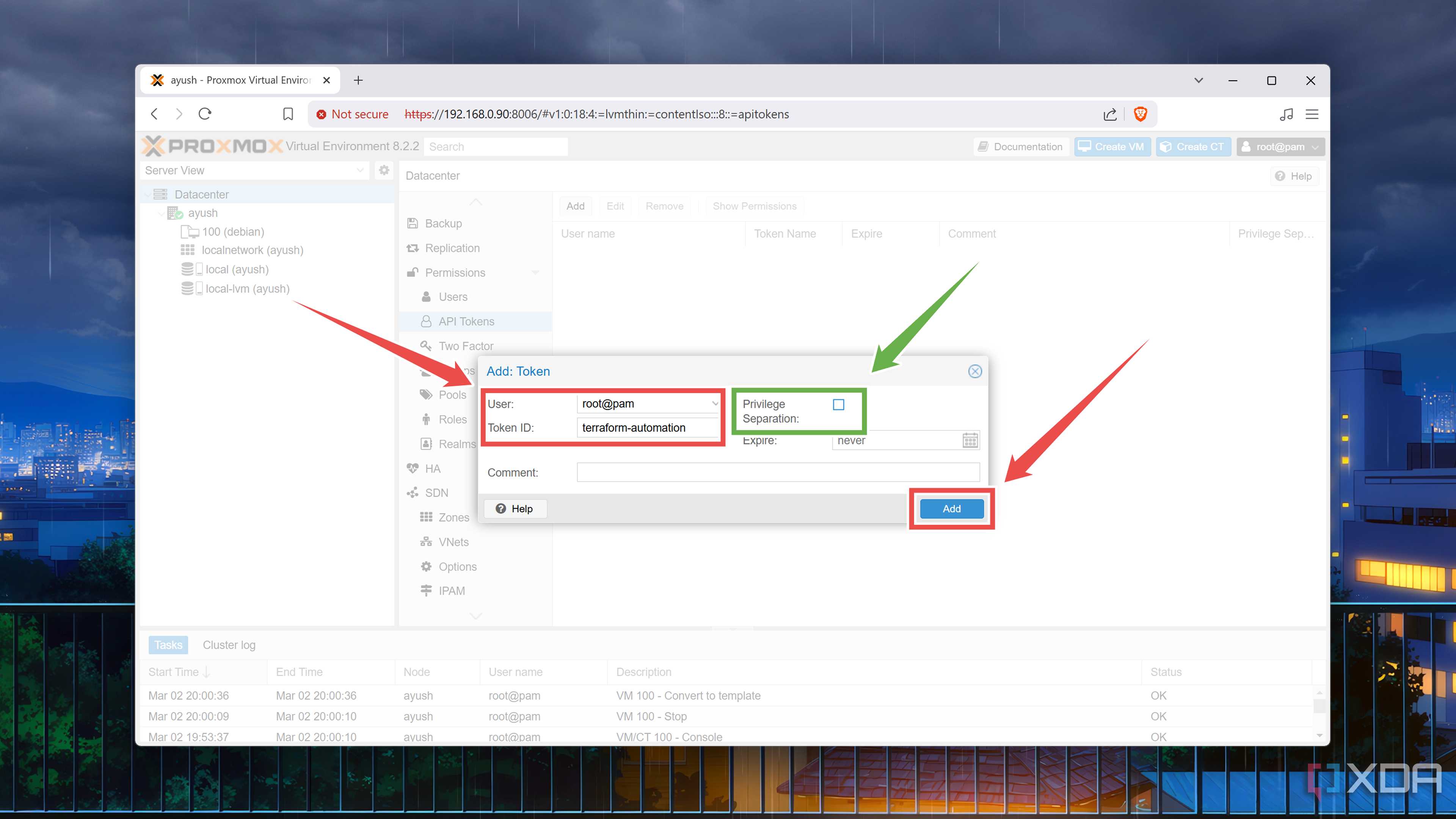 Creating the API token in Proxmox