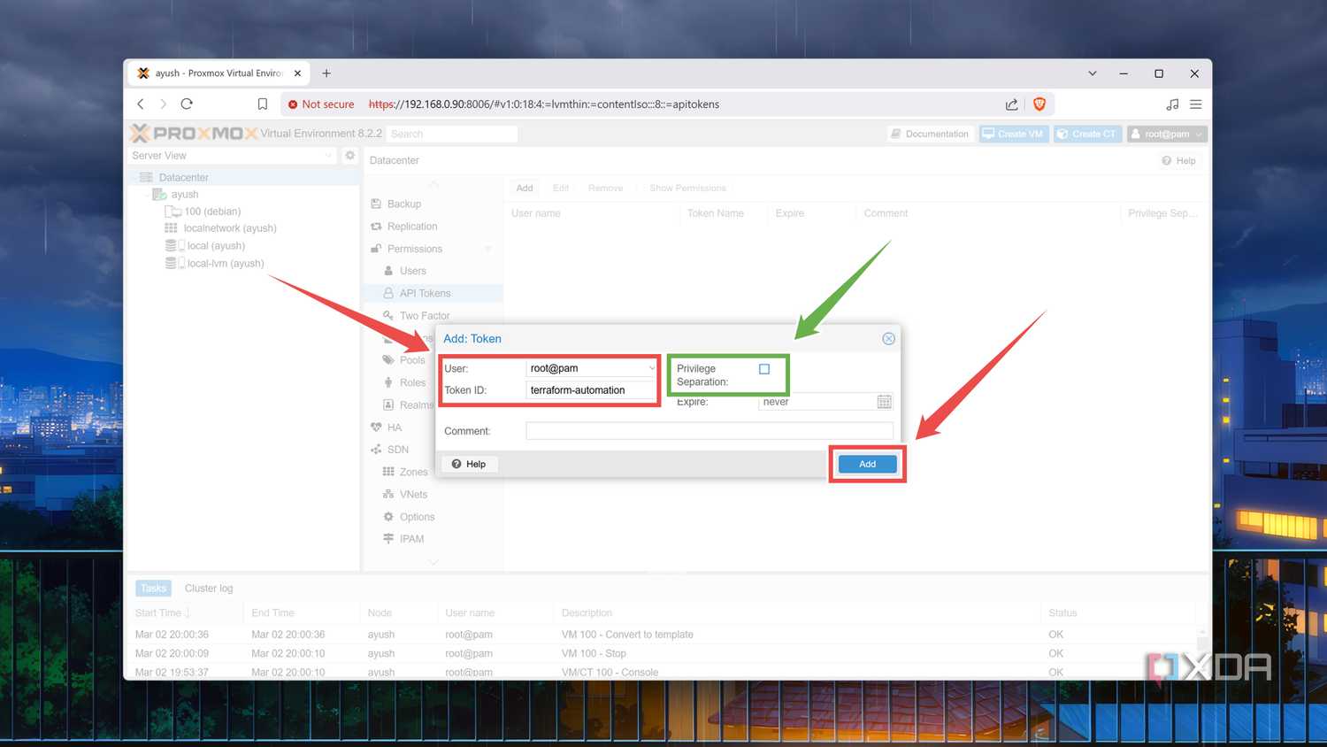 Creating the API token in Proxmox