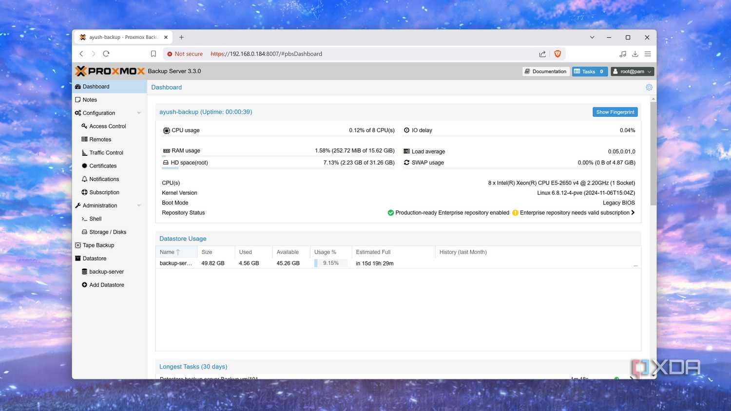 The Dashboard tab in the Proxmox Backup Server