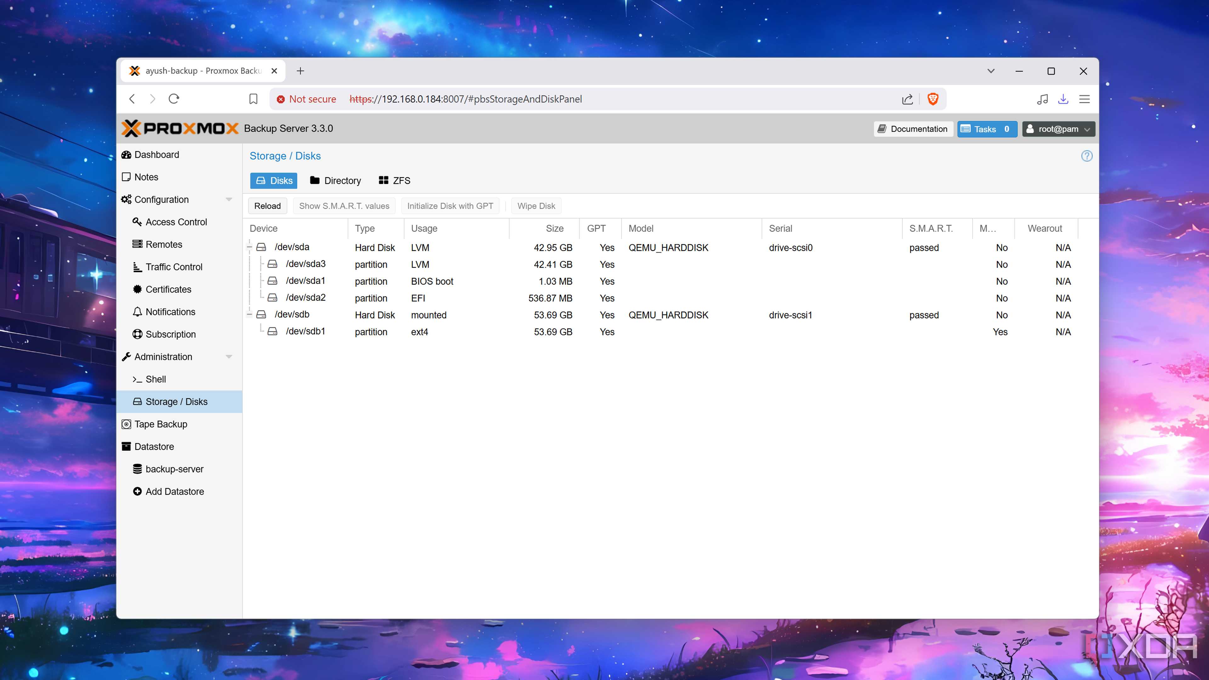 The Storage/Disks tab in the Proxmox Backup Server