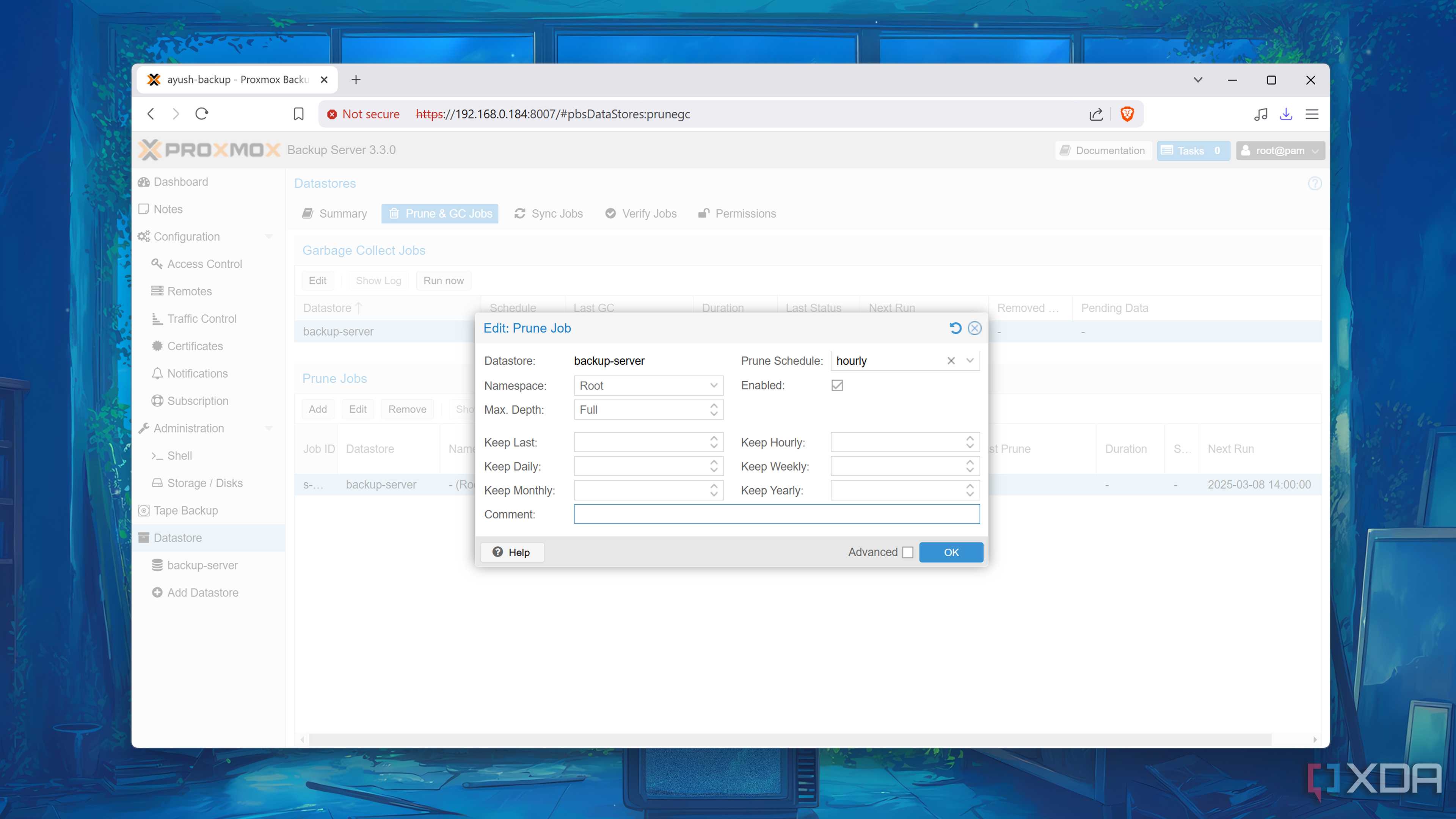 The Prune Jobs tab in the Proxmox Backup Server