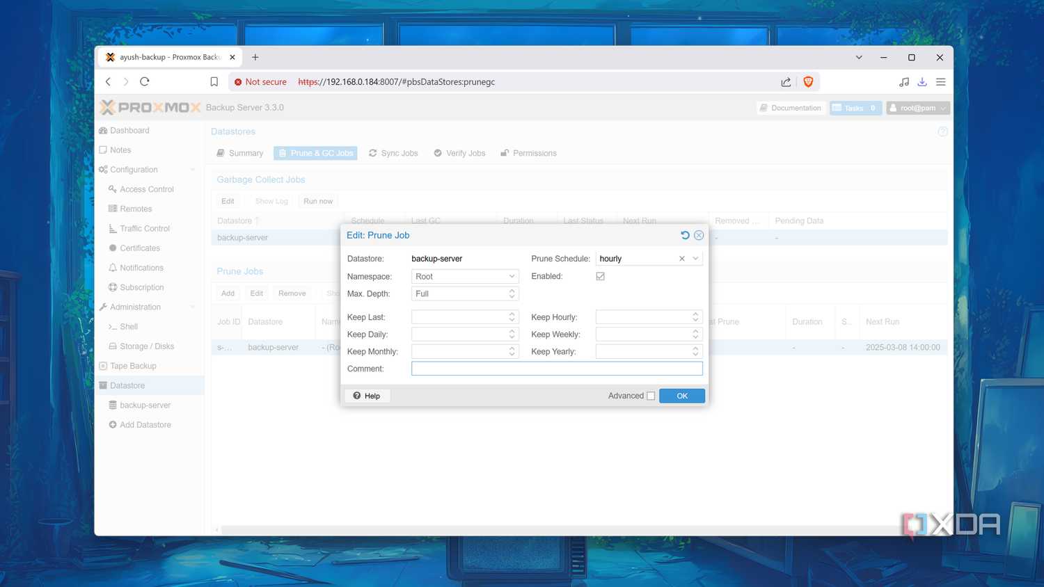 The Prune Jobs tab in the Proxmox Backup Server