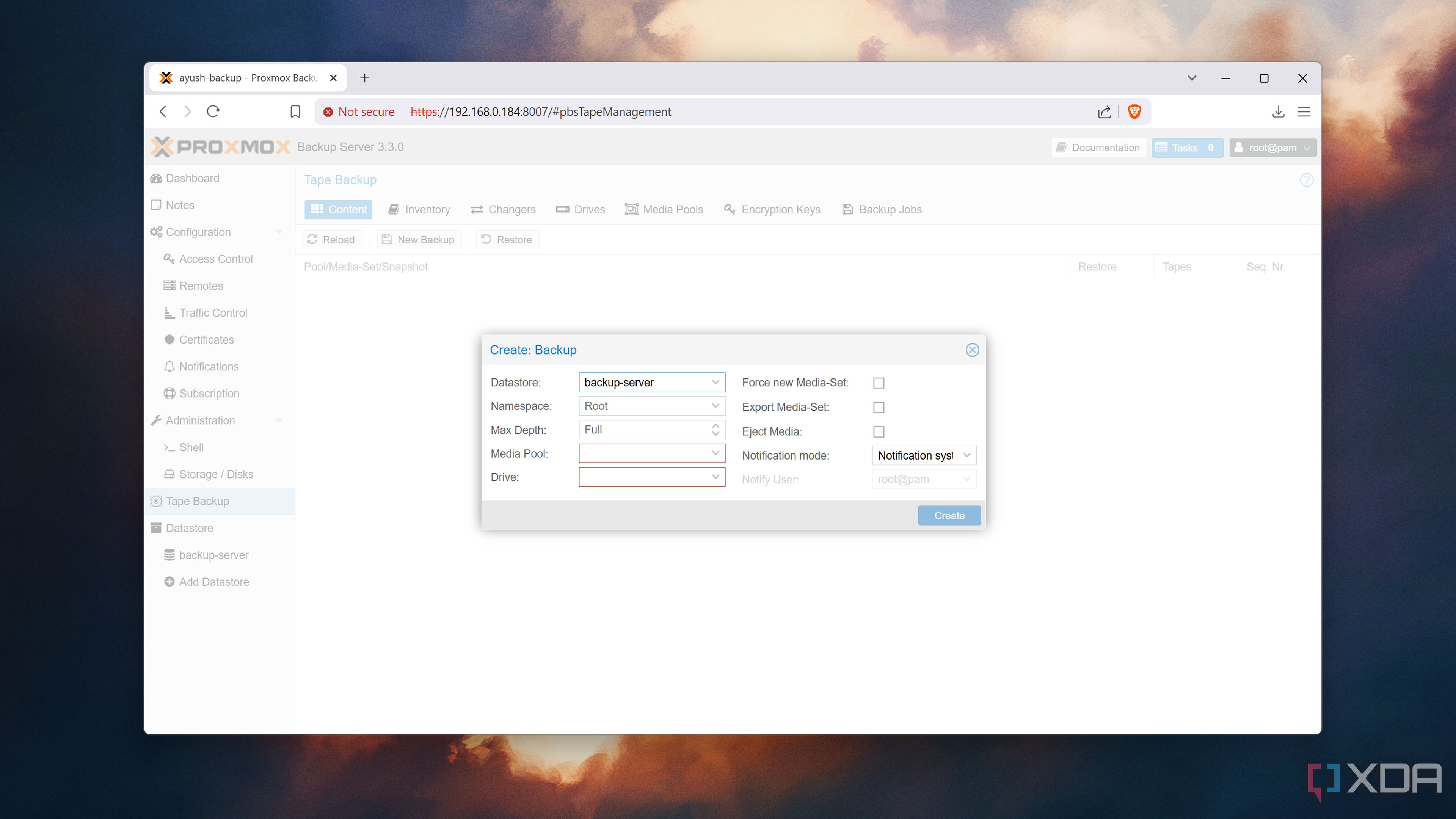 The Tape Backup tab in the Proxmox Backup Server