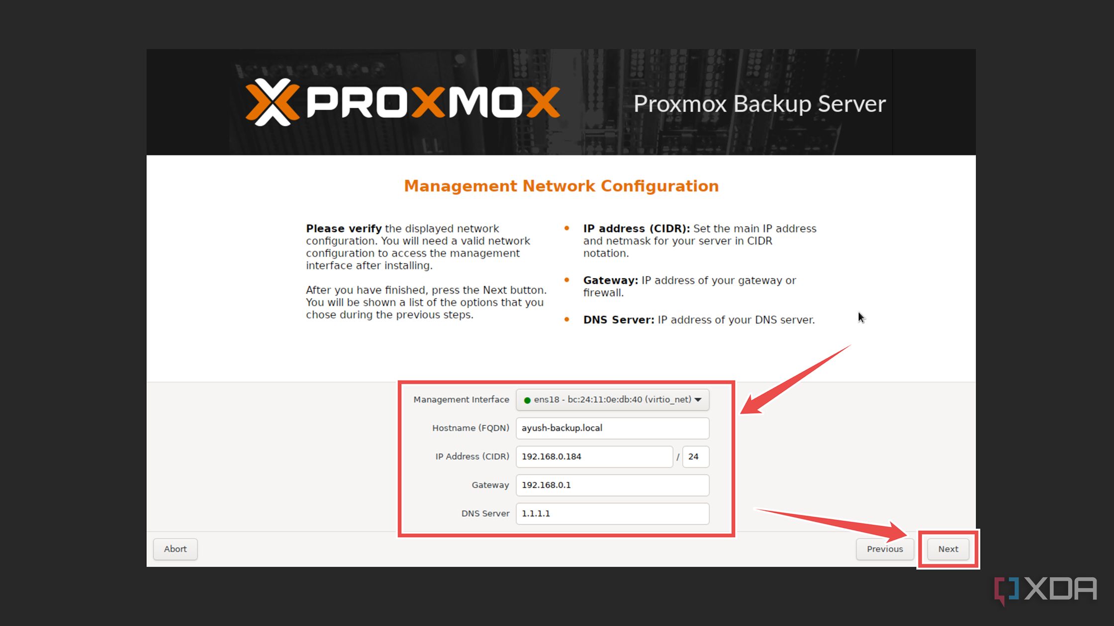 Selecting the network options in the Proxmox Backup Server installation wizard