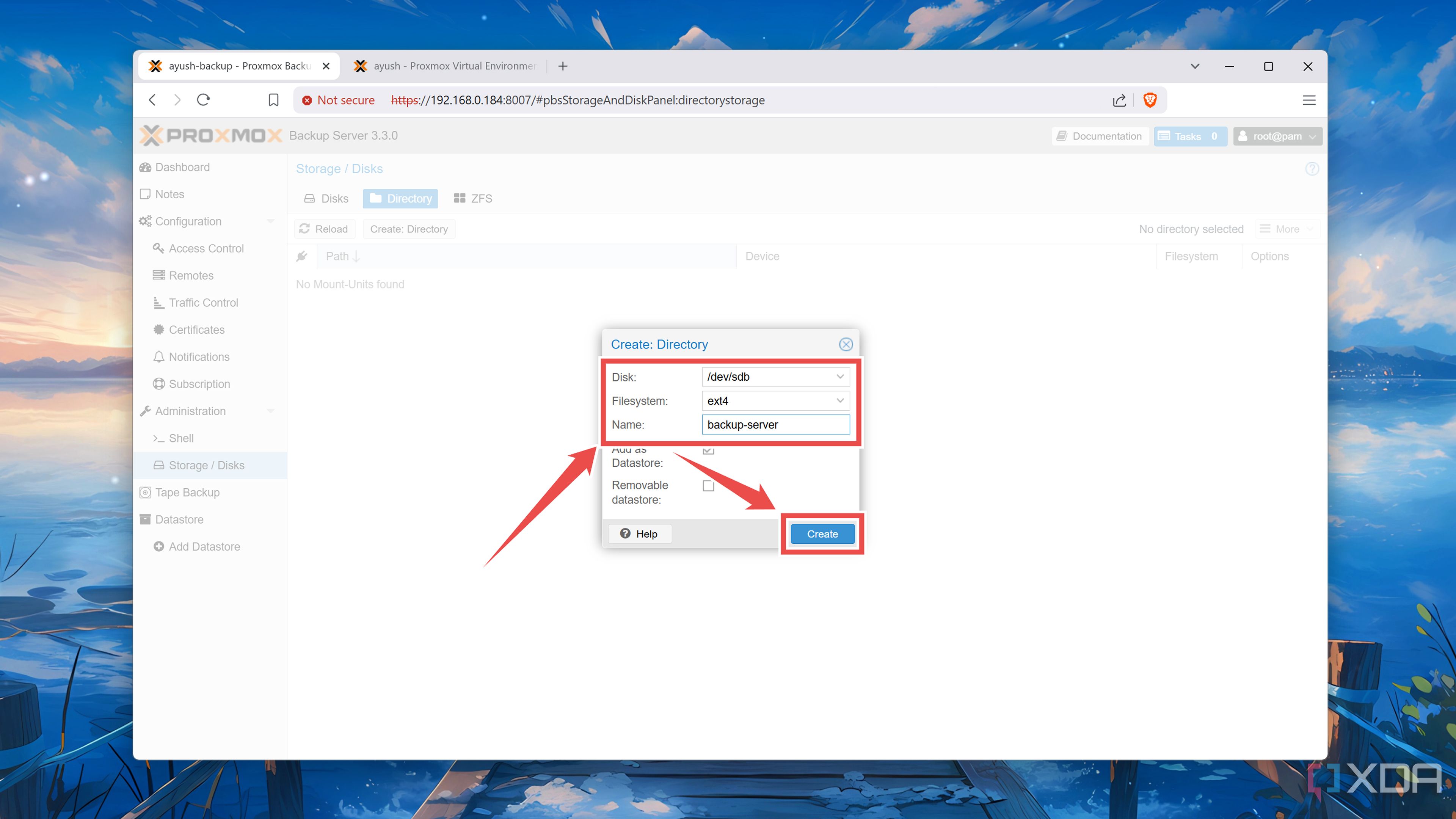 Creating a datastore in the Proxmox Backup Server web UI