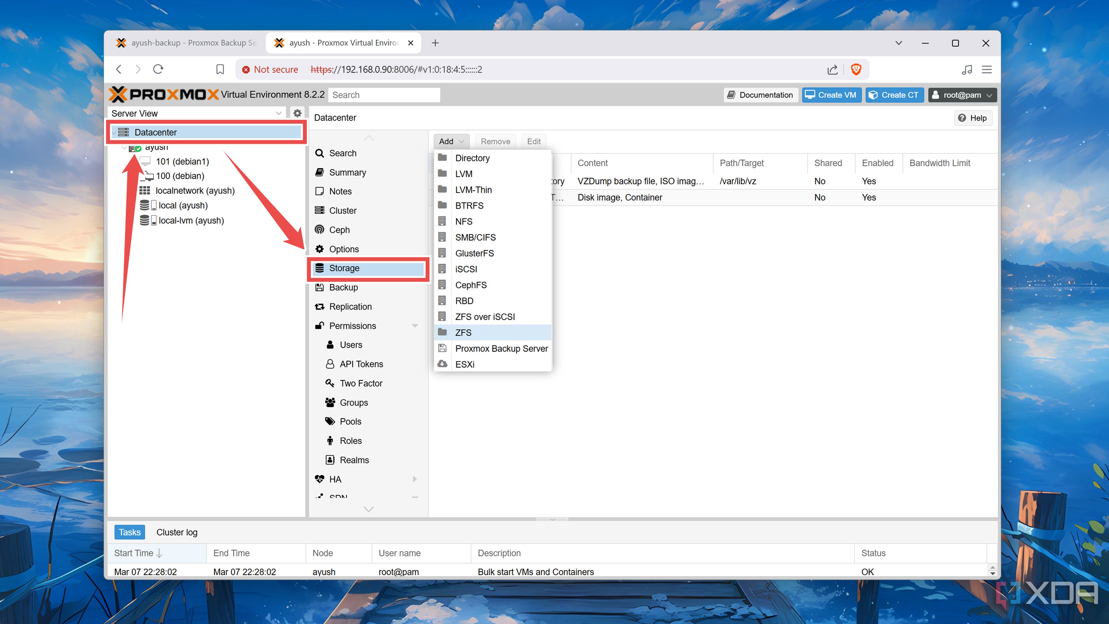 Selecting the Storage tab within Proxmox