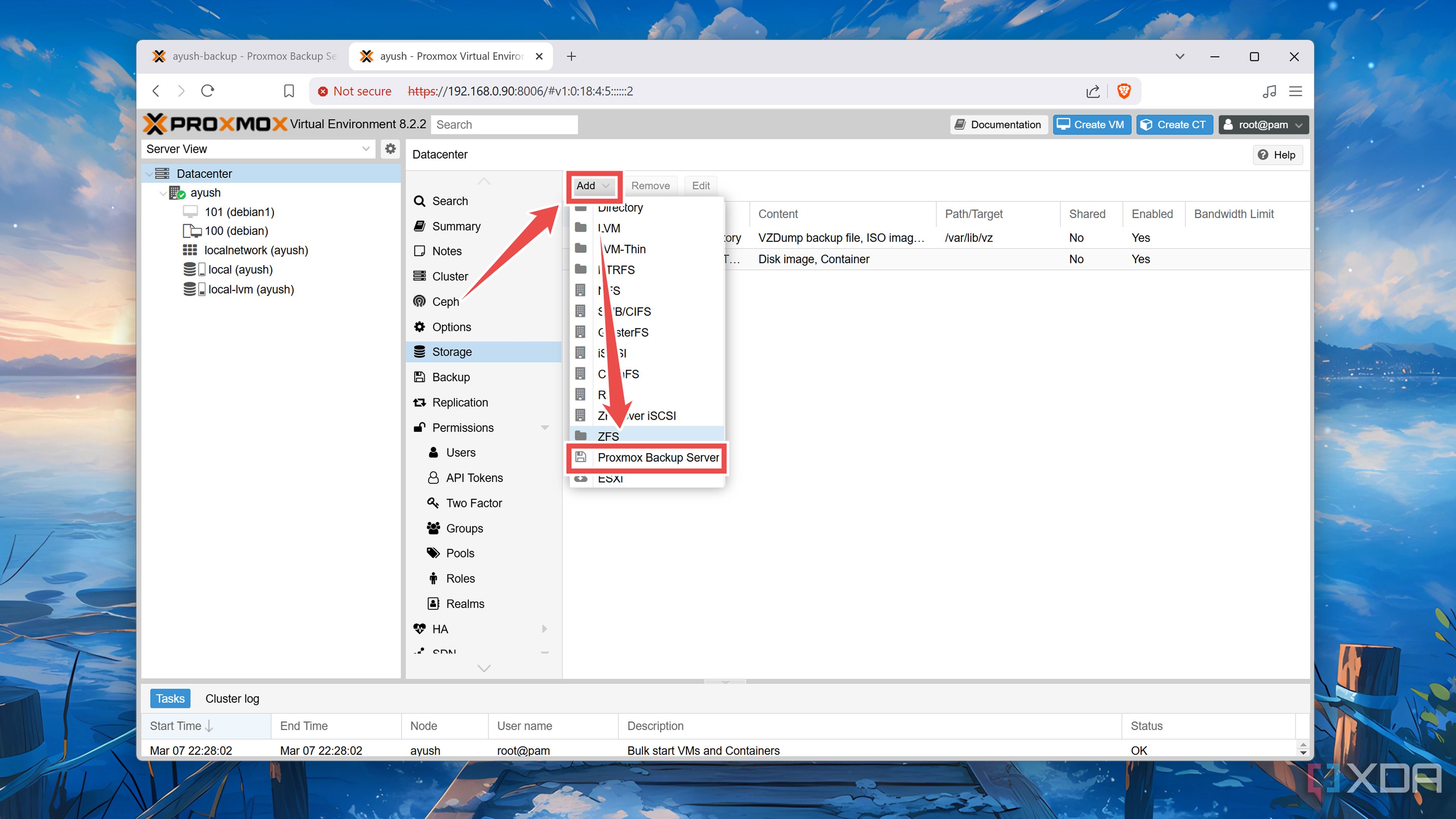Selecting Proxmox Backup Server in the Proxmox web UI