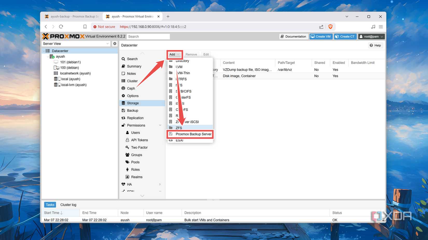 Selecting Proxmox Backup Server in the Proxmox web UI