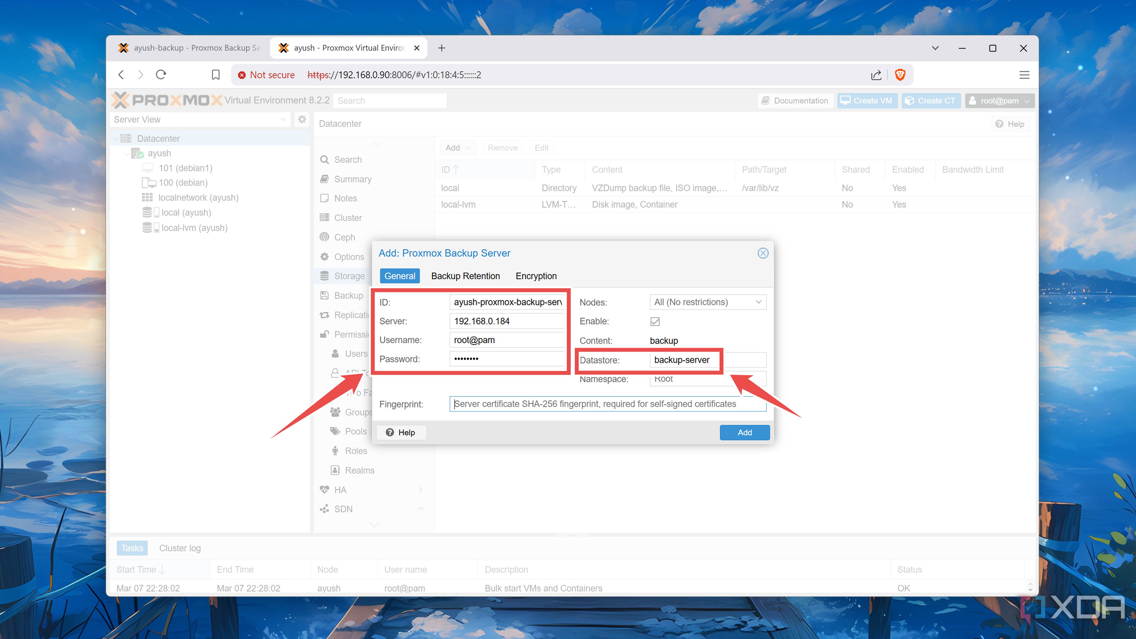 Adding the PBS server details in Proxmox