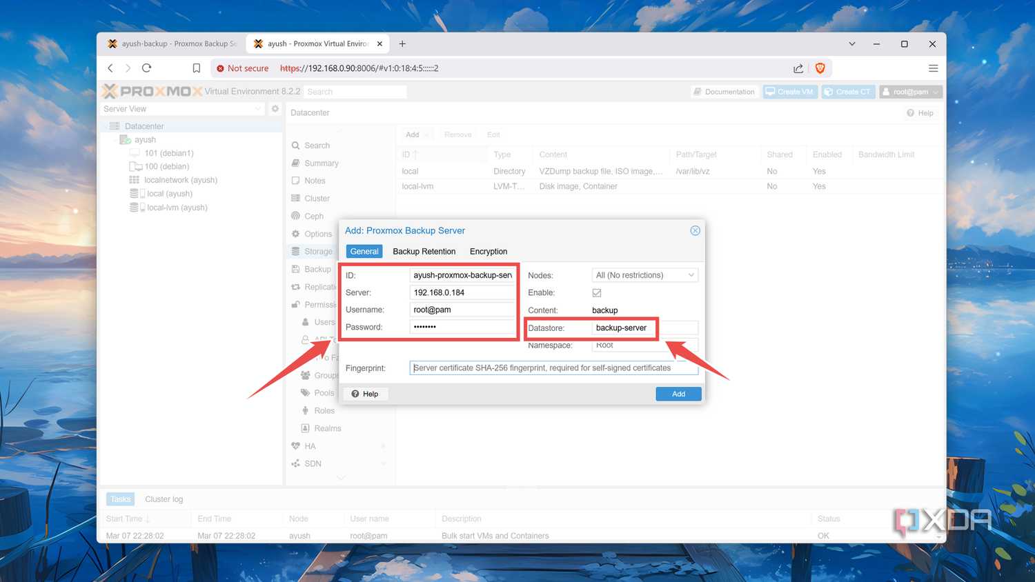 Adding the PBS server details in Proxmox