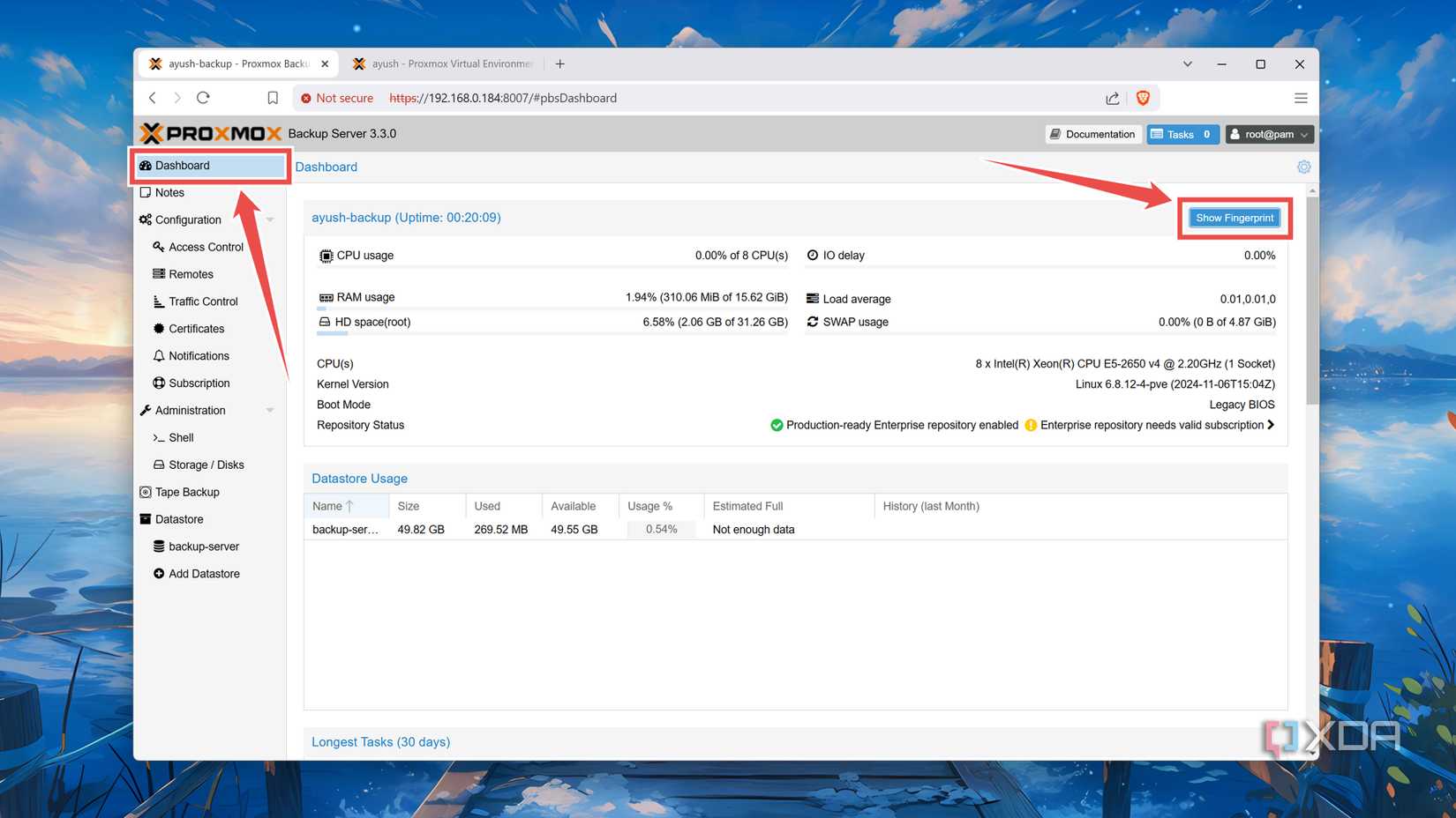 Checking the fingerprint from the Proxmox Backup Server web UI