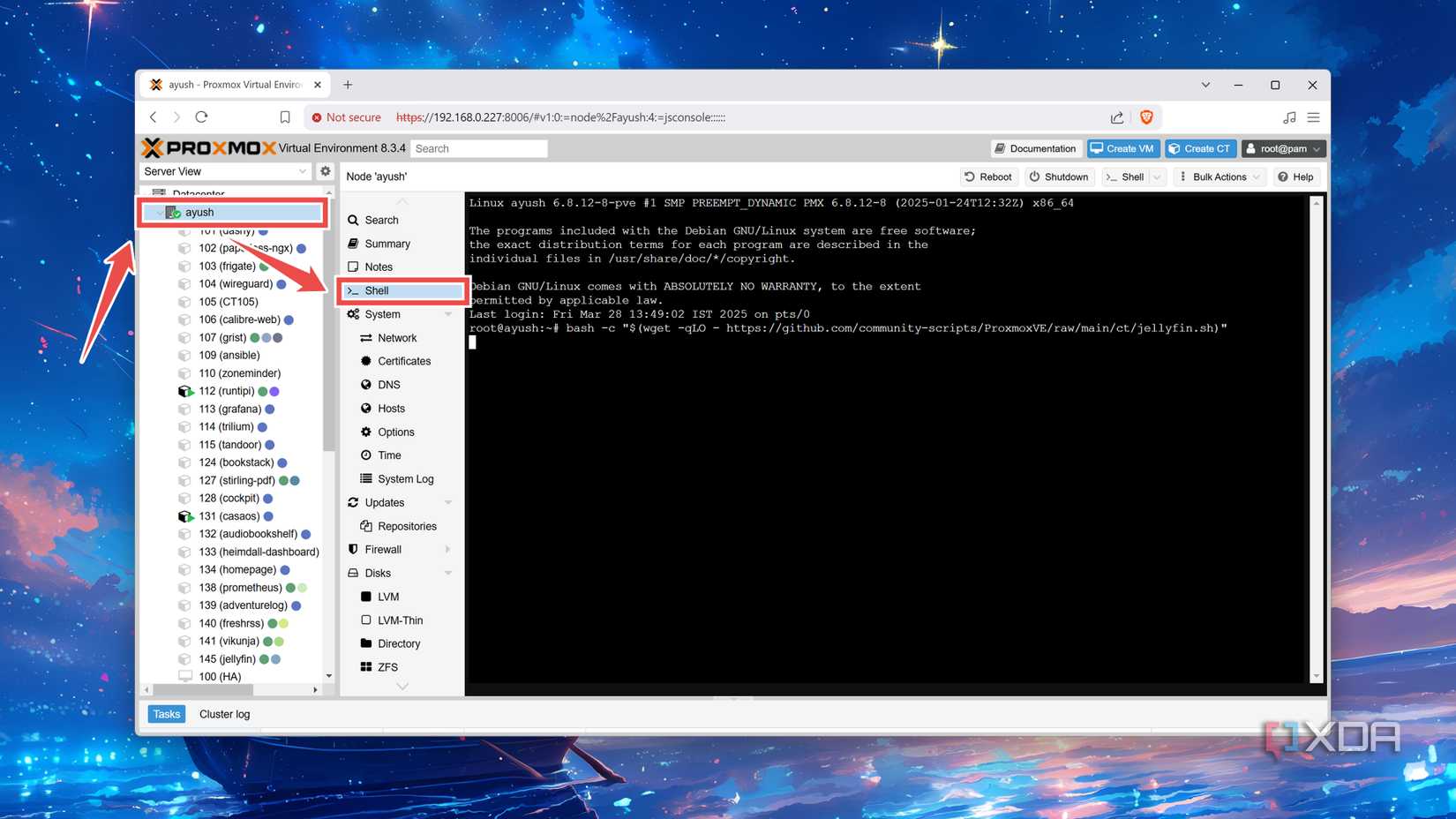 Switching to the Shell tab in the Proxmox UI