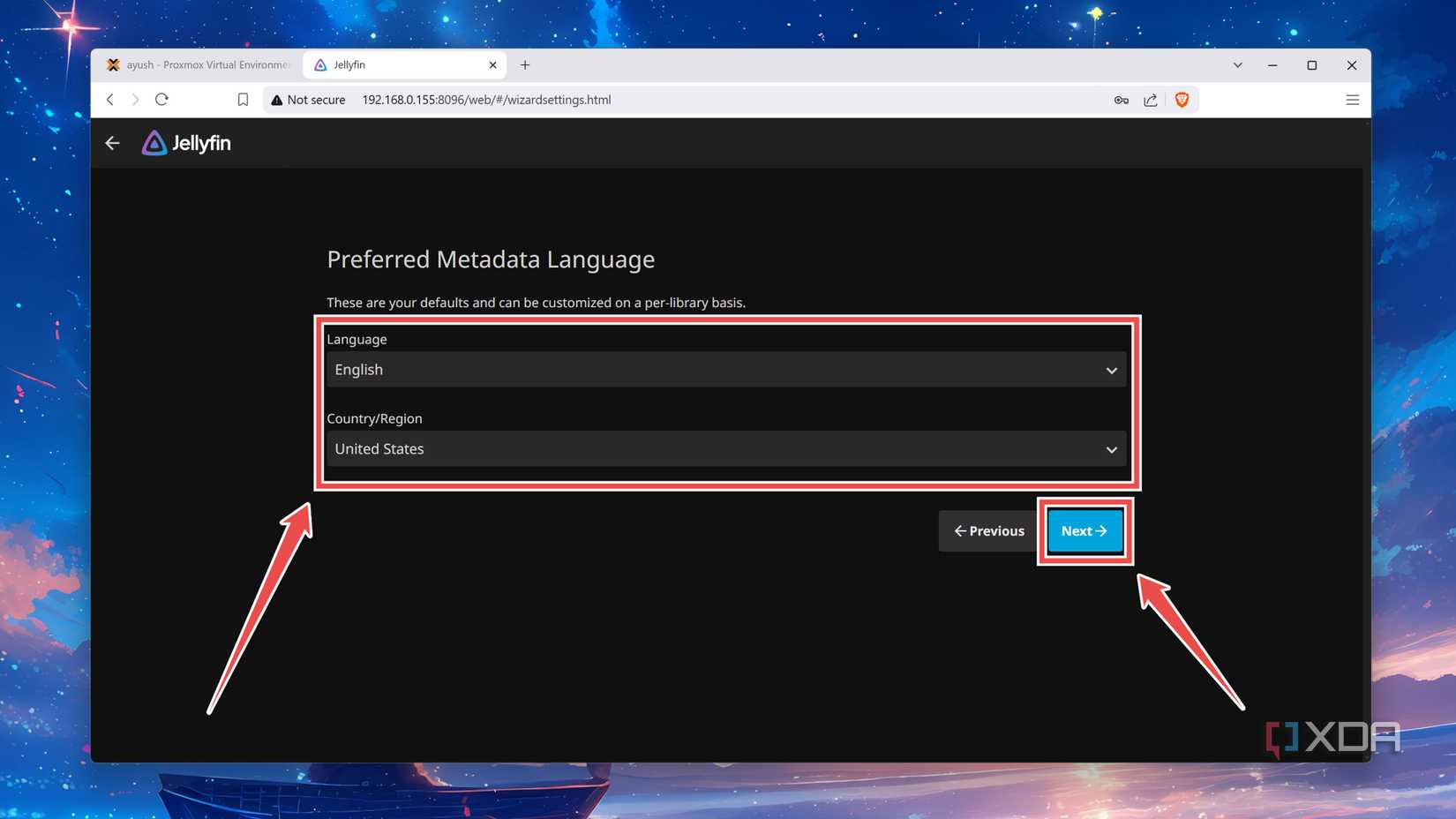 Entering the Language and Country/Region settings in the Jellyfin initialization wizard