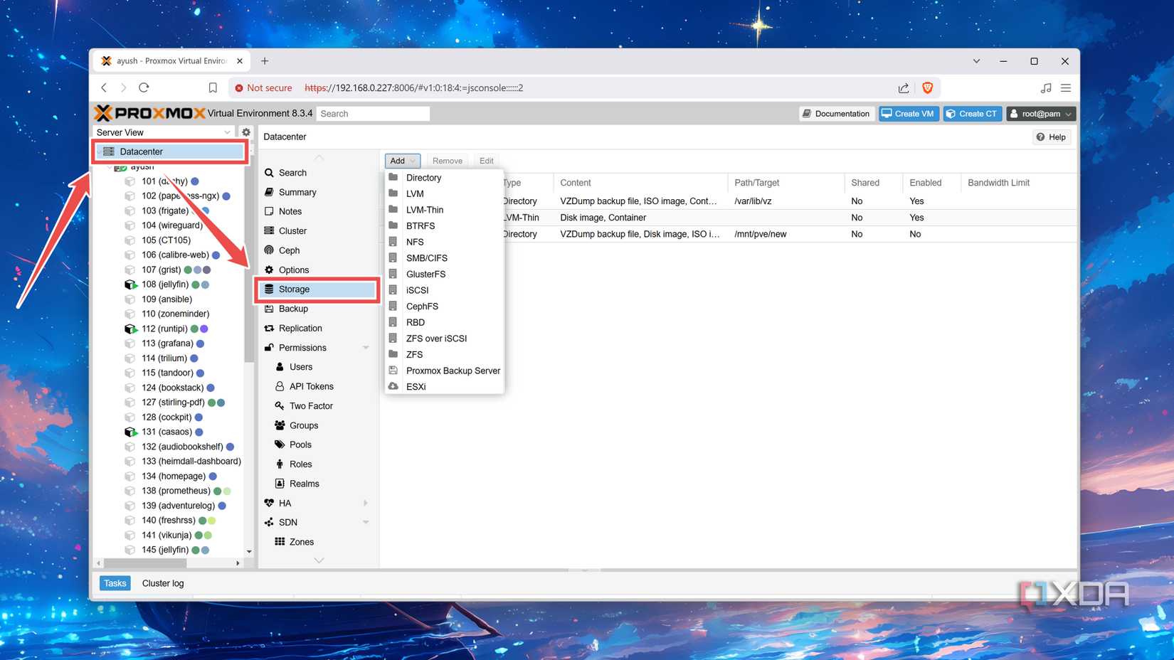 Accessing the Storage tab in the Proxmox web UI