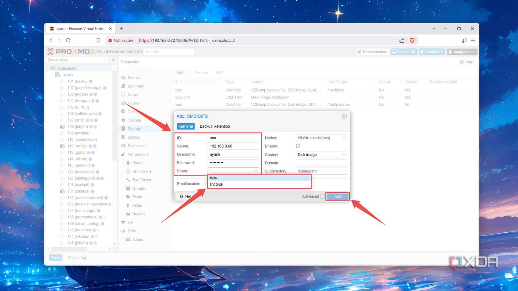Selecting the SMB/CIFS settings in the Proxmox web UI
