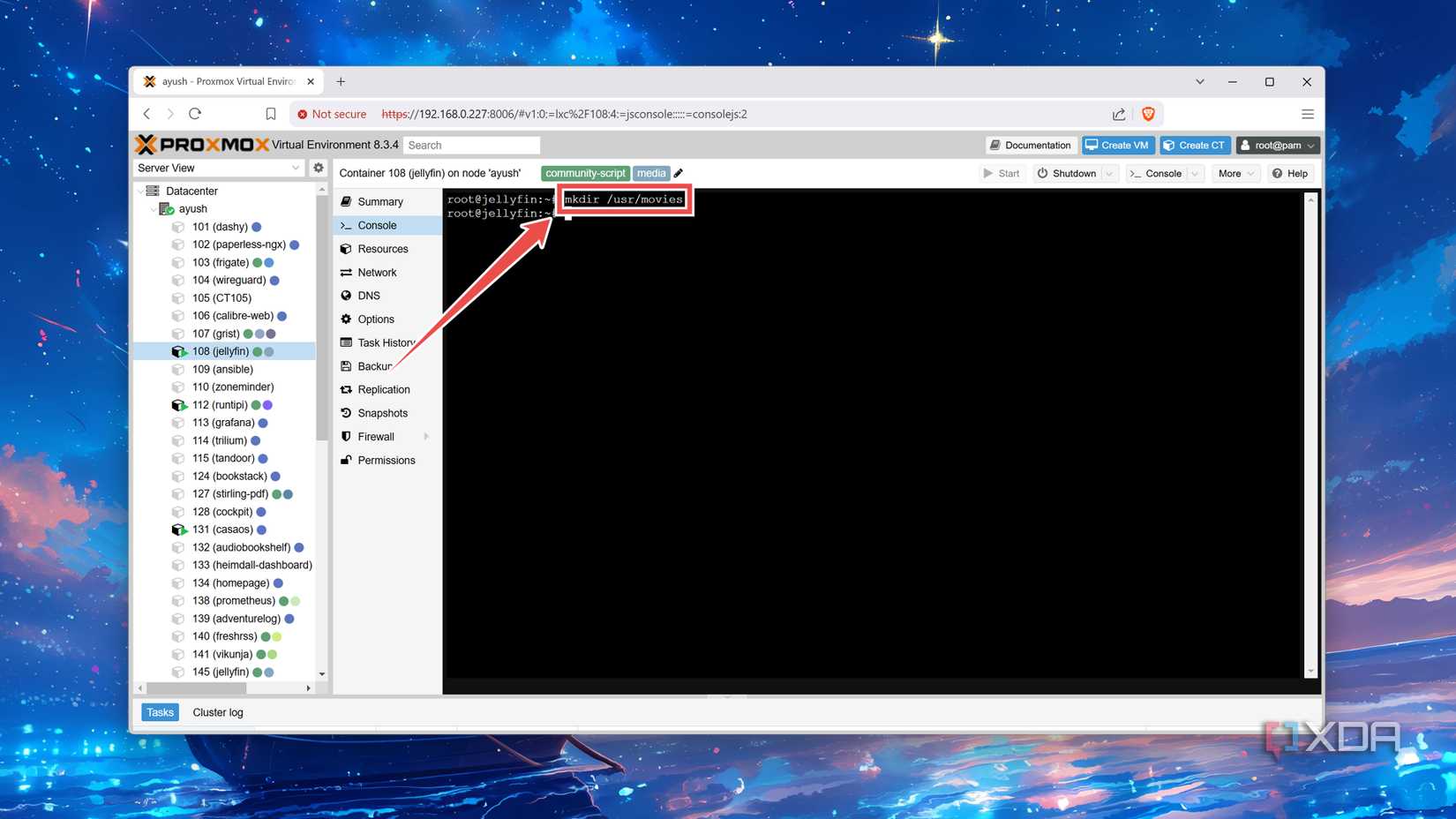 Using the mkdir command to create a new folder inside Jellyfin