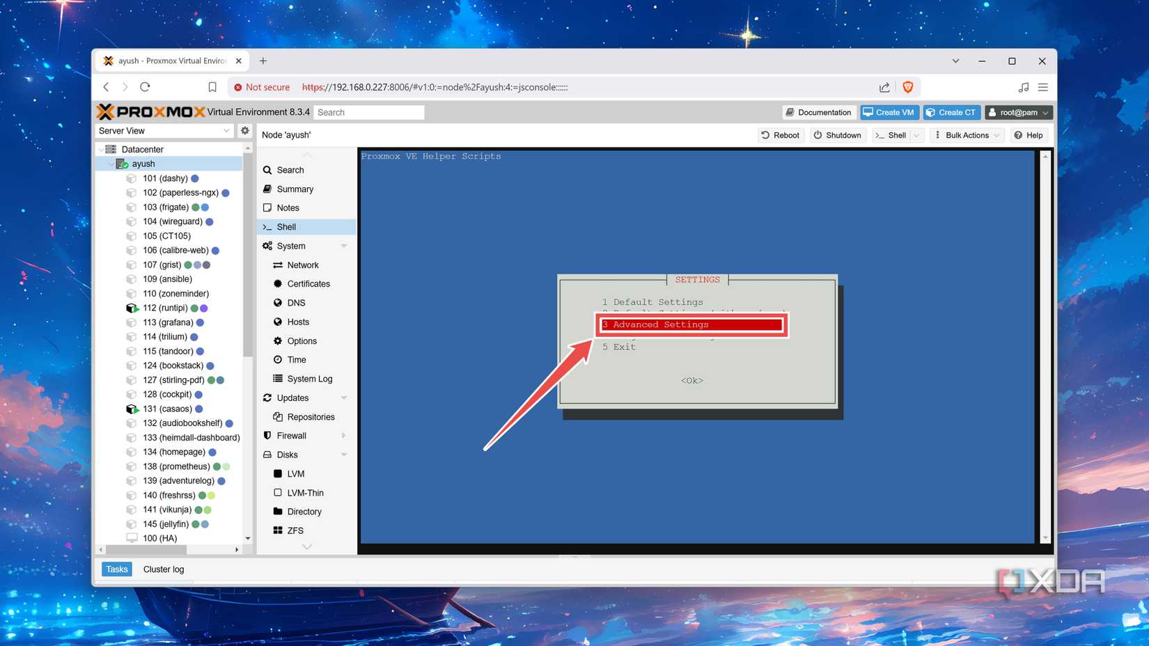 Choosing Advanced Settings in the Proxmox UI