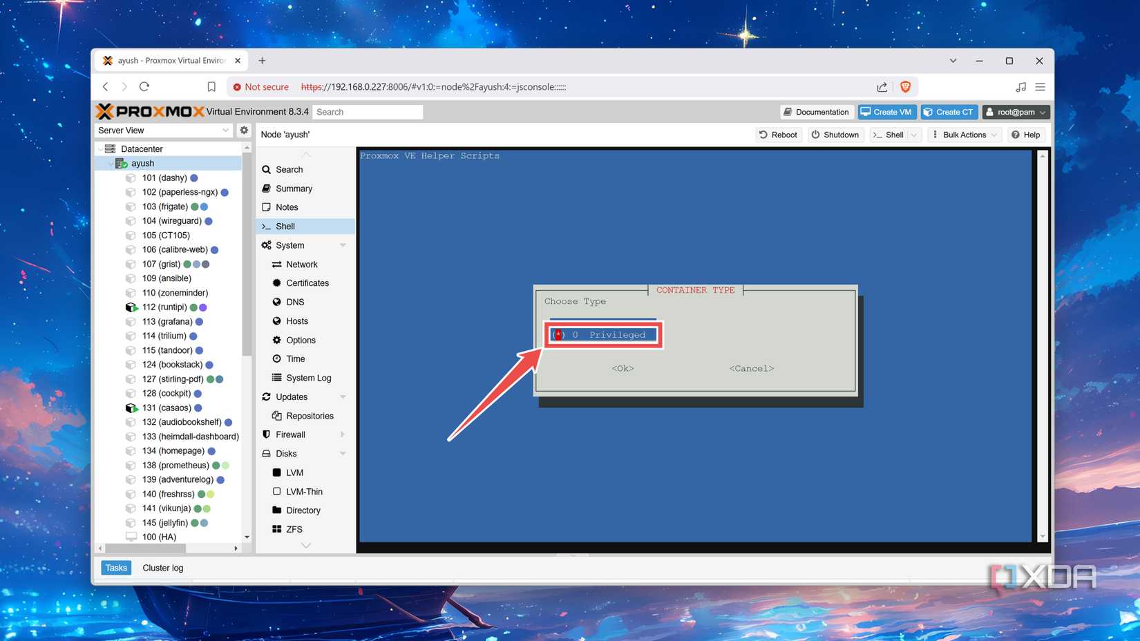 Choosing the Privileged option when creating an LXC in Proxmox
