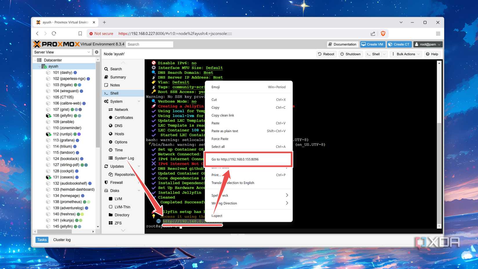 Using the IP address to access a Jellyfin LXC