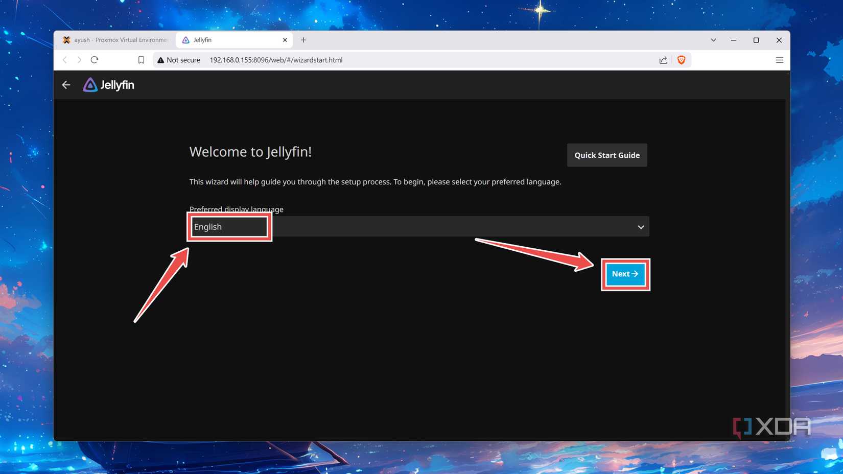Choosing the Display Language at the Jellyfin welcome page