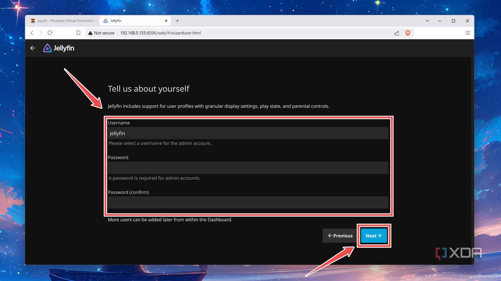 Entering the Username and Password in the Jellyfin initialization wizard