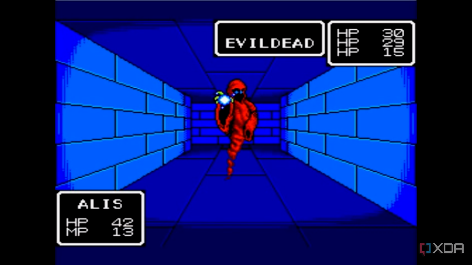 A screenshot of Phantasy Star, facing down an enemy in a hallway.