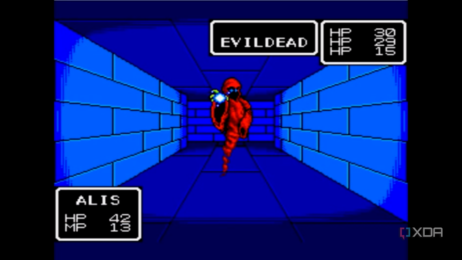 A screenshot of Phantasy Star, facing down an enemy in a hallway.