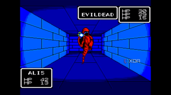 A screenshot of Phantasy Star, facing down an enemy in a hallway.