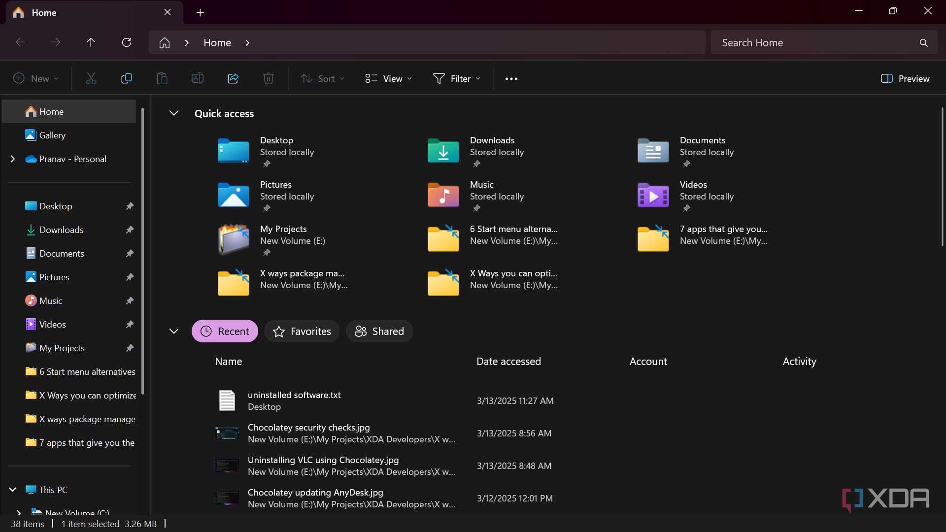 Quick Access section in the File Explorer Home